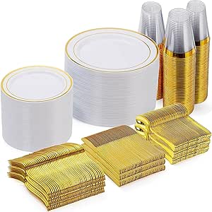 Pieces Gold Disposable Plates for 100 Guests, Plastic Plates for